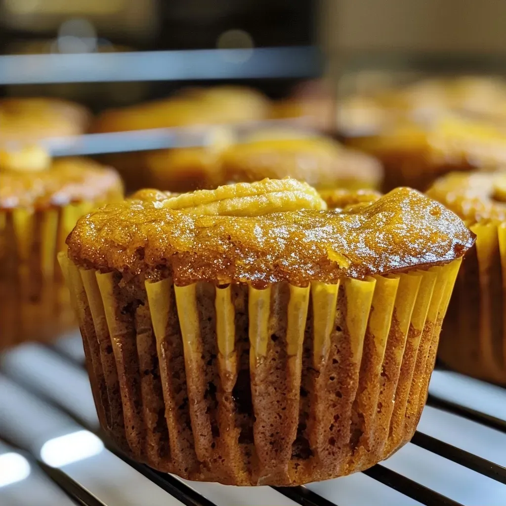 ['Close-up view of moist pumpkin banana muffins with a golden-brown crust.', 'Side angle of freshly baked pumpkin banana muffins, showcasing their delicious texture.', 'Juicy Kürbis Bananen Muffins arranged on a plate, highlighting their fluffy interior.', 'Detailed shot of pumpkin banana muffins, emphasizing the cinnamon-spiced topping.']