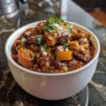 ['A close-up view of a hearty pumpkin black bean chili in a bowl, showcasing its colorful ingredients.', 'Side view of a steaming bowl of pumpkin black bean chili, filled with beans, turkey, and spices.', 'Delicious pumpkin black bean chili with vibrant colors, topped with fresh cilantro and cheese.', 'A close-up image of chili with visible chunks of pumpkin, black beans, and diced tomatoes in a bowl.']