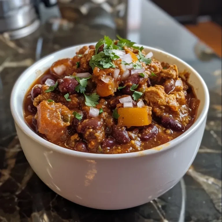 ['A close-up view of a hearty pumpkin black bean chili in a bowl, showcasing its colorful ingredients.', 'Side view of a steaming bowl of pumpkin black bean chili, filled with beans, turkey, and spices.', 'Delicious pumpkin black bean chili with vibrant colors, topped with fresh cilantro and cheese.', 'A close-up image of chili with visible chunks of pumpkin, black beans, and diced tomatoes in a bowl.']