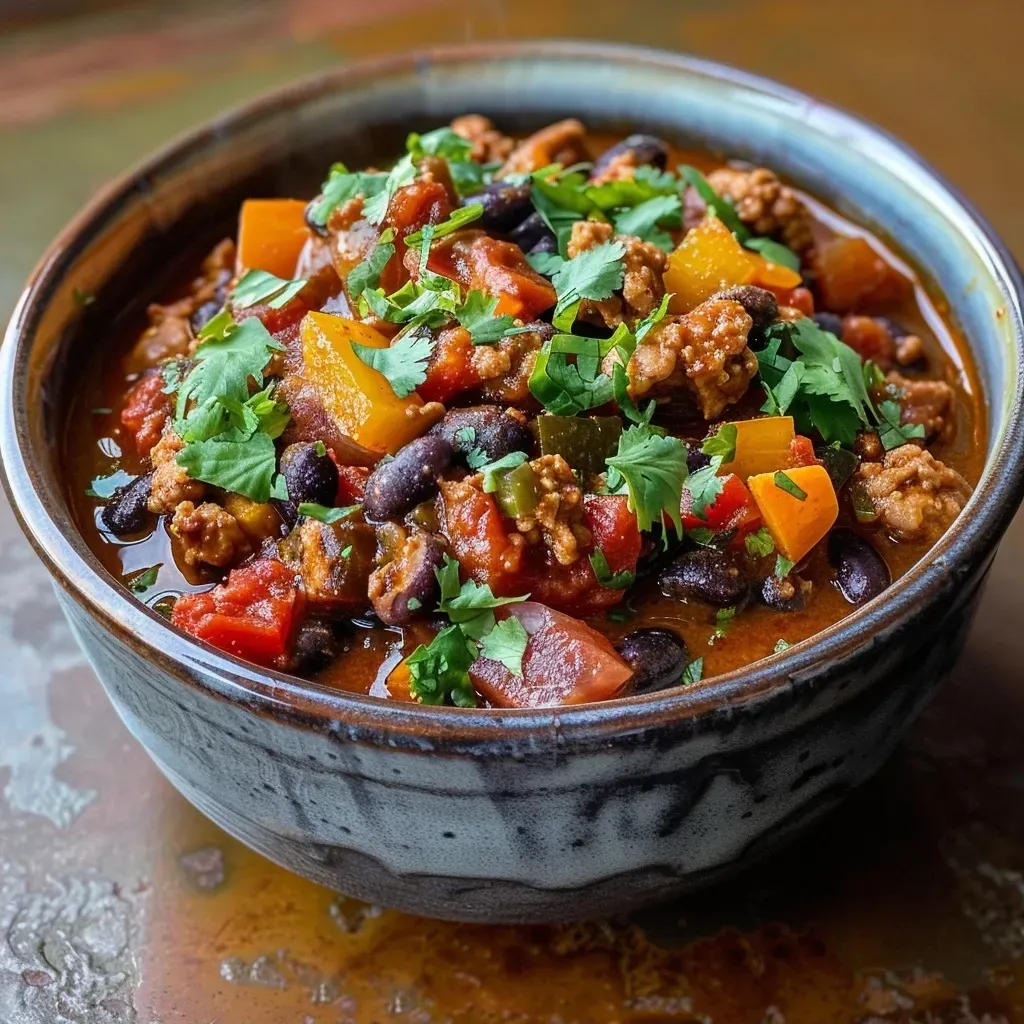 ['A close-up view of a hearty pumpkin black bean chili in a bowl, showcasing its colorful ingredients.', 'Side view of a steaming bowl of pumpkin black bean chili, filled with beans, turkey, and spices.', 'Delicious pumpkin black bean chili with vibrant colors, topped with fresh cilantro and cheese.', 'A close-up image of chili with visible chunks of pumpkin, black beans, and diced tomatoes in a bowl.']
