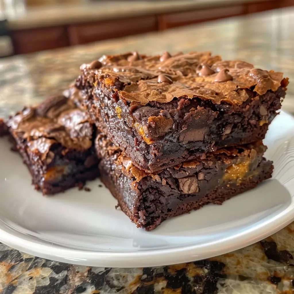 ['Close-up view of pumpkin brownies garnished with flakey sea salt.', 'Side view of rich, moist pumpkin brownies with chocolate chips.', 'Decadent pumpkin brownies with cream cheese frosting on a plate.', 'Homemade pumpkin brownies displayed with a slice cut out, showcasing texture.']
