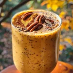 ['Close-up view of a Pumpkin Chai Smoothie in a glass, revealing its creamy texture.', 'Side angle shot of a delicious Kürbis Chai Smoothie topped with chopped pecans.', 'A vibrant Pumpkin Chai Smoothie served in a glass with a sprinkle of cinnamon.', 'Detailed view of a smoothie with pumpkin puree and spices, garnished with pecans.']