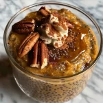 ['Close-up of creamy pumpkin chia pudding garnished with fresh fruit.', 'Side view of pumpkin chia pudding in a glass, showcasing its texture and color.', 'Delicious pumpkin chia pudding topped with whipped cream and a sprinkle of cinnamon.', 'Bowl of vibrant orange pumpkin chia pudding with chia seeds visible throughout.']