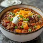 ['Close-up view of a slow cooker filled with pumpkin chili, featuring ground beef and diced vegetables.', 'Side view of a Crock Pot displaying a hearty pumpkin chili with pinto beans and colorful toppings.', 'Detailed close-up of a pumpkin chili in a slow cooker, showcasing its rich, chunky texture.', 'Zoomed-in image of pumpkin chili in a Crock Pot, highlighting the mix of ingredients and creamy toppings.']