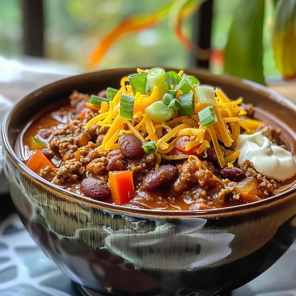 Close-up view of a slow cooker filled with pumpkin chili, featuring ground beef and diced vegetables.