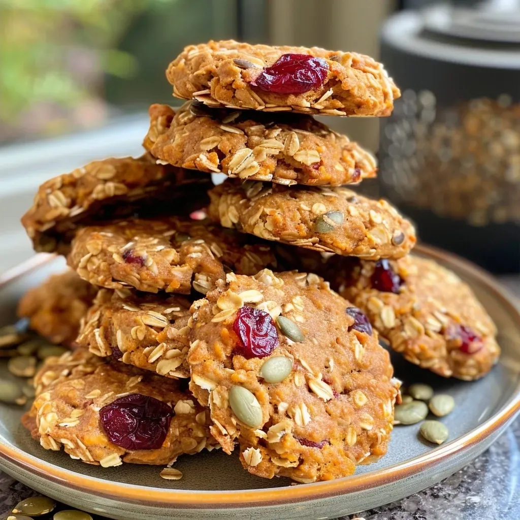 ['Close-up view of pumpkin cranberry cottage cheese cookies, showing their texture and ingredients.', 'Delicious looking cookies made with pumpkin and cranberries, featuring a side angle to highlight their shape.', 'A side view of freshly baked pumpkin cranberry cookies with visible cranberry pieces and pumpkin seeds.', 'Juicy pumpkin cranberry cookies displayed on a surface, revealing their golden-brown color and chunky texture.']