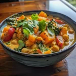 ['Close-up of a bowl filled with vibrant pumpkin curry topped with fresh herbs.', 'Side view of a delicious-looking pumpkin curry with pieces of vegetables and herbs.', 'Juicy Kürbis curry in a bowl, showcasing a mix of colorful ingredients and coconut milk.', 'A hearty dish of pumpkin curry featuring chopped kale and a drizzle of lime juice.']