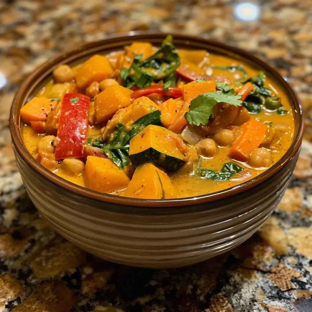 ['Close-up of a bowl filled with vibrant pumpkin curry topped with fresh herbs.', 'Side view of a delicious-looking pumpkin curry with pieces of vegetables and herbs.', 'Juicy Kürbis curry in a bowl, showcasing a mix of colorful ingredients and coconut milk.', 'A hearty dish of pumpkin curry featuring chopped kale and a drizzle of lime juice.']