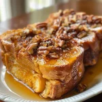 ['Close-up view of a pumpkin French toast casserole with a golden-brown topping and pecans.', 'Side profile of a delicious pumpkin French toast casserole served in a dish, showcasing its layered texture.', 'Mouthwatering pumpkin French toast casserole featuring crispy edges and a creamy filling, garnished with nuts.', 'Detailed shot of a pumpkin French toast casserole highlighting its rich pumpkin color and sugar crust.']