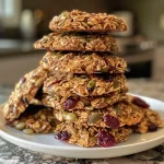 ['A close-up side view of pumpkin breakfast cookies with a golden-brown color.', 'Juicy and delicious gluten-free pumpkin breakfast cookies displayed on a plate.', 'A detailed view of freshly baked pumpkin cookies with visible chocolate chips and cranberries.', 'Side angle of pumpkin breakfast cookies showcasing their chewy texture and vibrant ingredients.']
