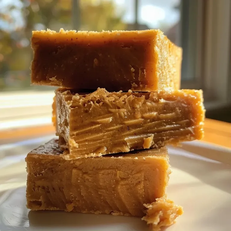 ['Close-up of creamy pumpkin fudge with a slice cut out, showcasing its smooth texture.', 'Side view of a block of pumpkin fudge with a decorative swirl, highlighting its rich orange color.', 'A piece of pumpkin fudge resting on a plate, with the ingredients visible in the background.', 'Juicy pumpkin fudge displayed on a wooden board, sliced to reveal its soft interior.']