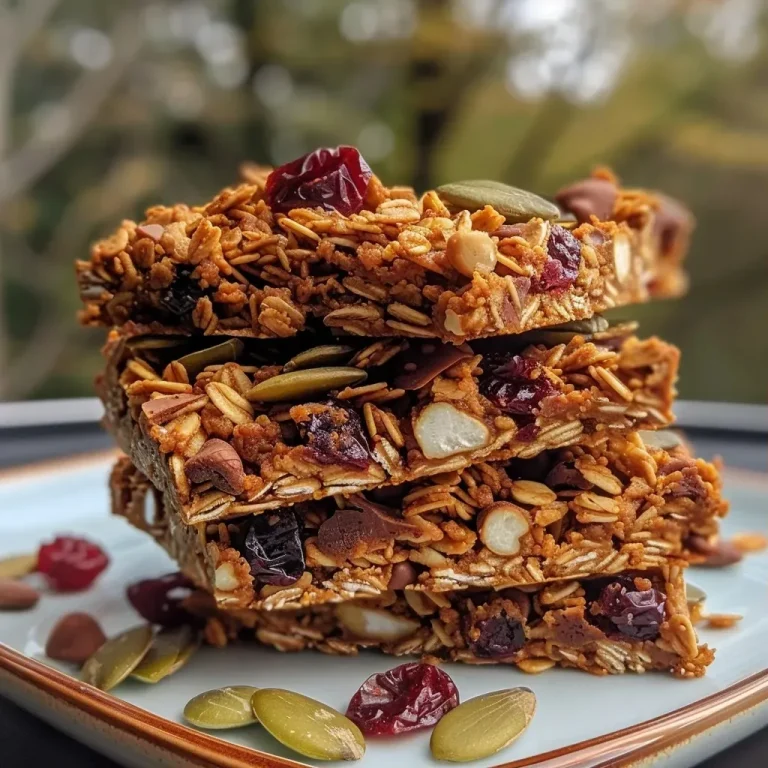 ['Close-up view of pumpkin granola bars with a golden-brown surface, showing bits of cranberries and chocolate chips.', 'Side view of a delicious pumpkin granola bar, highlighting its chewy texture and flecks of pumpkin spice.', 'A succulent slice of pumpkin granola bar, featuring seeds and dried fruit, set against a white background.', 'Slice of homemade pumpkin granola bar with visible oats, cranberries, and chocolate, placed on a wooden board.']