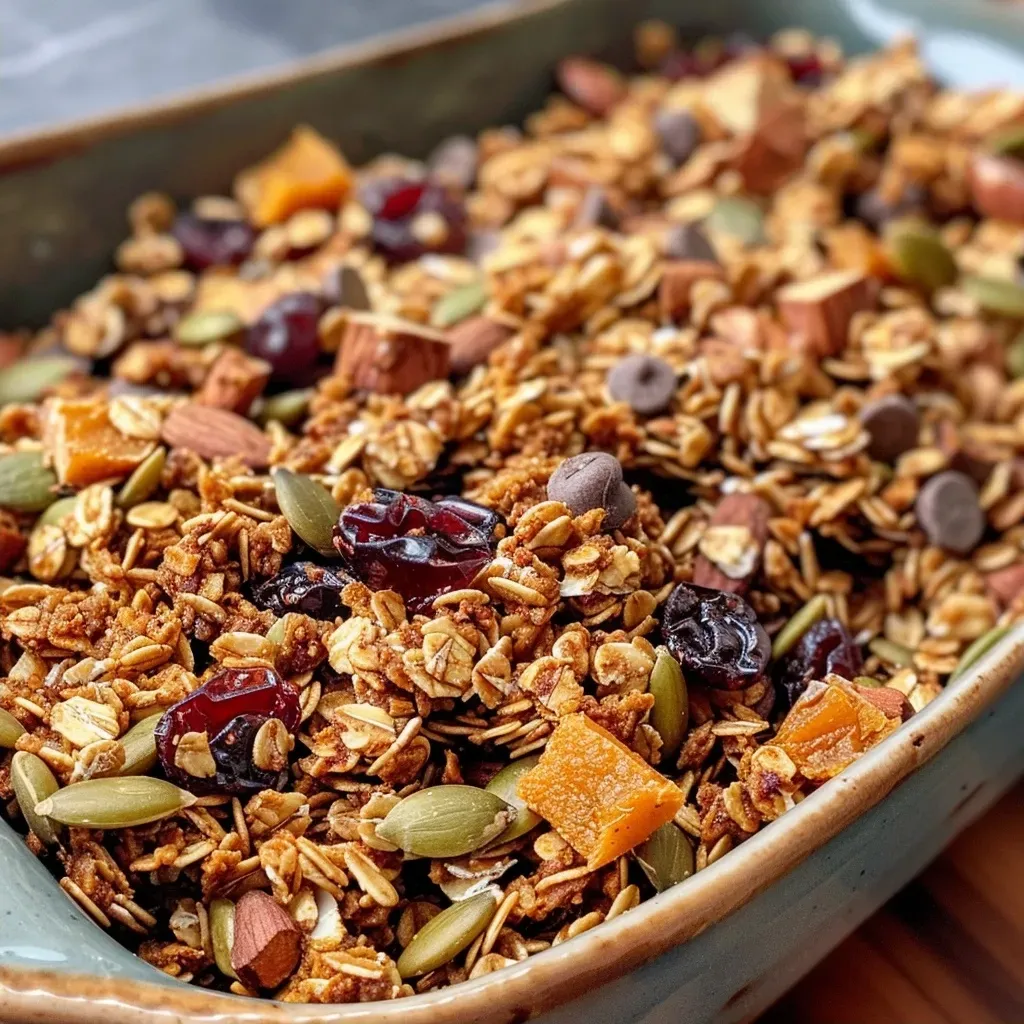 ['Close-up view of pumpkin granola bars with a golden-brown surface, showing bits of cranberries and chocolate chips.', 'Side view of a delicious pumpkin granola bar, highlighting its chewy texture and flecks of pumpkin spice.', 'A succulent slice of pumpkin granola bar, featuring seeds and dried fruit, set against a white background.', 'Slice of homemade pumpkin granola bar with visible oats, cranberries, and chocolate, placed on a wooden board.']