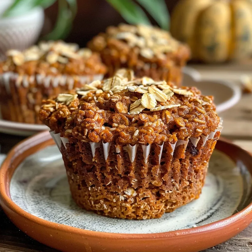 ['Close-up view of pumpkin oatmeal cups with chocolate chips.', 'Side perspective of moist Kürbis Haferflocken Muffins on a plate.', 'Detailed shot of baked pumpkin oatmeal muffins sprinkled with chocolate.', 'Tasty pumpkin oatmeal cups displayed on a wooden cutting board.']