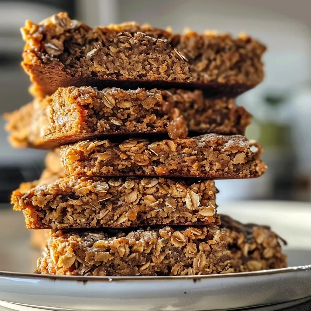 ['Close-up side view of pumpkin oatmeal bars with a golden-brown crust.', 'Juicy pumpkin oatmeal bars displayed on a rustic wooden surface.', 'Deliciously layered pumpkin oatmeal bars showcasing oats and pumpkin puree.', 'Freshly baked pumpkin oatmeal bars highlighting the texture and ingredients.']