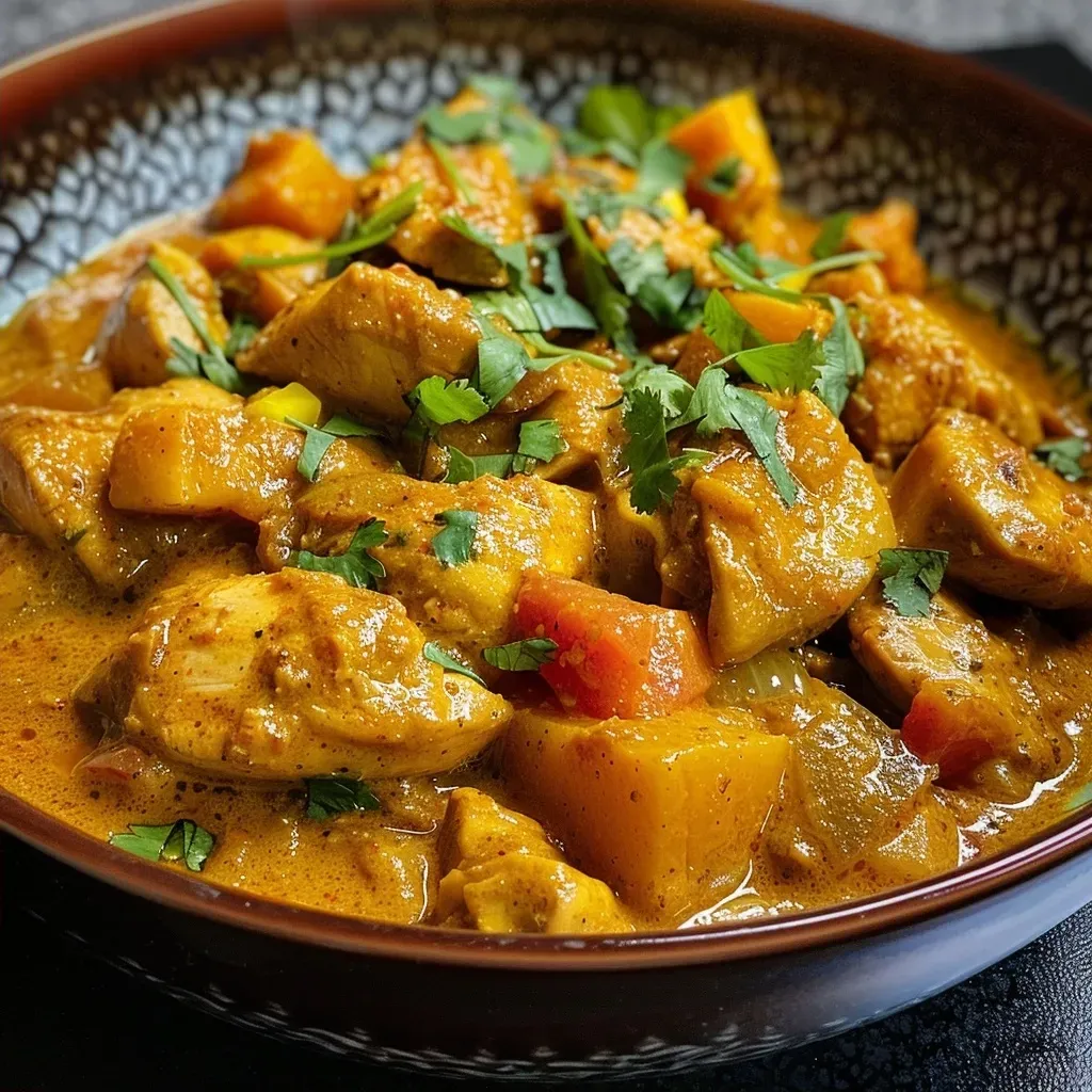 ['A close-up side view of creamy pumpkin chicken curry in a bowl, showcasing the vibrant colors.', 'Juicy chicken pieces in a rich, orange pumpkin curry, garnished and served in a rustic bowl.', 'A side perspective of a hearty pumpkin chicken curry, displaying its creamy texture and spices.', 'A detailed look at a bowl of pumpkin chicken curry, highlighting the ingredients and color contrasts.']
