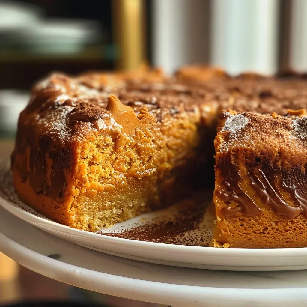 ['Close-up view of a slice of Pumpkin Coffee Cake with a golden-brown crust.', 'Side view of moist Pumpkin Coffee Cake showcasing its layered texture.', 'A slice of Pumpkin Coffee Cake with visible pumpkin spices and buttery topping.', 'Detailed view of rich, spiced Pumpkin Coffee Cake with crumbly top.']