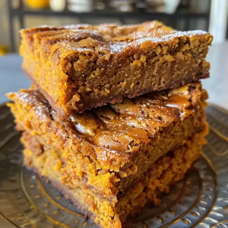 ['Close-up of pumpkin maple blondies showing a golden-brown texture and drizzled maple syrup.', 'Side view of moist pumpkin maple blondies, emphasizing their rich, gooey appearance.', 'Delicious blondies with a pumpkin flavor, showcasing spices sprinkled on top.', 'A delicious slice of pumpkin maple blondies with visible pumpkin puree and a smooth texture.']