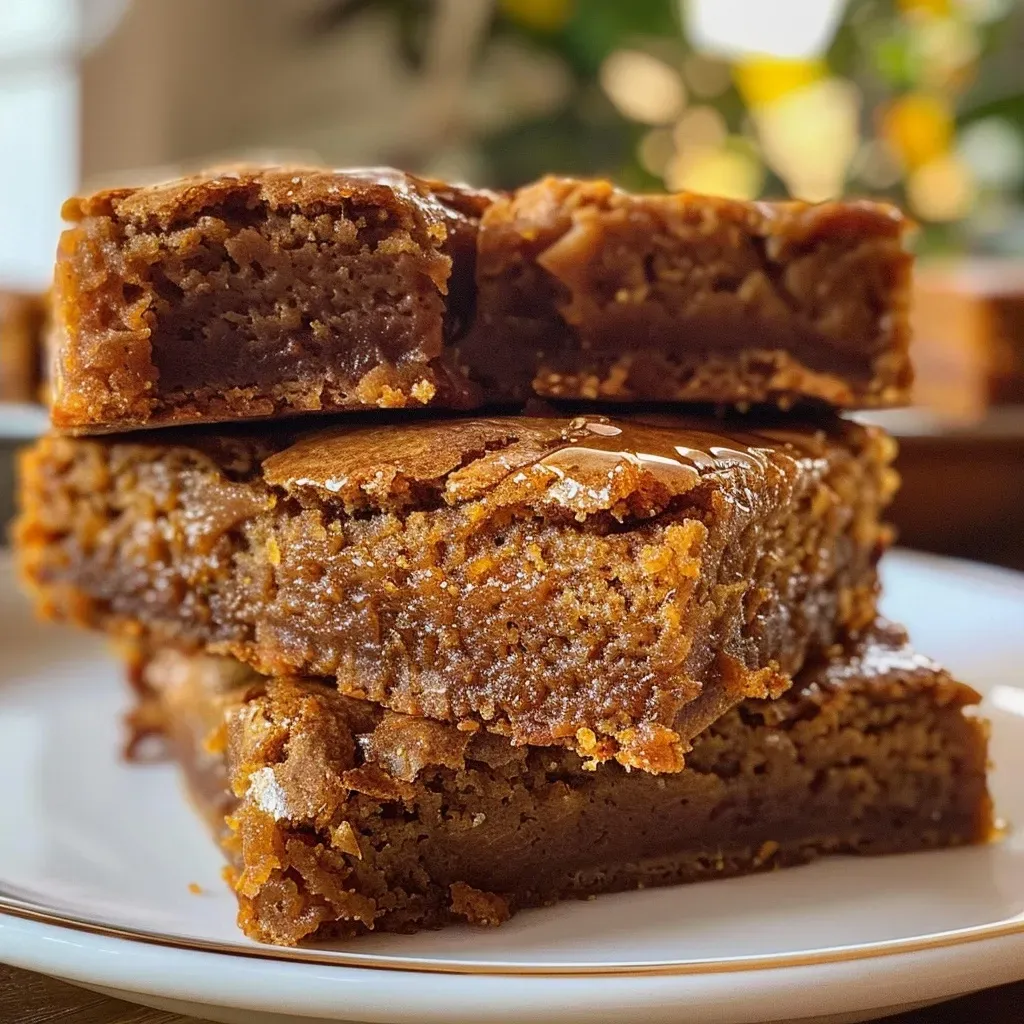 ['Close-up of pumpkin maple blondies showing a golden-brown texture and drizzled maple syrup.', 'Side view of moist pumpkin maple blondies, emphasizing their rich, gooey appearance.', 'Delicious blondies with a pumpkin flavor, showcasing spices sprinkled on top.', 'A delicious slice of pumpkin maple blondies with visible pumpkin puree and a smooth texture.']