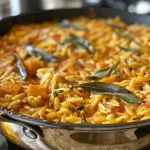 ['Close-up view of creamy pumpkin orzo featuring diced pumpkin and herbs.', 'Juicy pumpkin orzo in a bowl, showing its rich texture and vibrant color.', 'Side view of a delicious one-pot meal, highlighting the orzo and pumpkin puree.', 'A dish of pumpkin orzo garnished with freshly grated Parmesan cheese.']