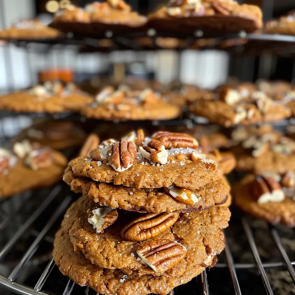 ['Close-up view of Pumpkin Pecan Cookies with a soft, chewy texture and toasted pecans.', 'Side view of freshly baked Pumpkin Pecan Cookies, showcasing their golden-brown surface and chunky pecans.', 'Detailed shot of Pumpkin Pecan Cookies highlighting the creamy frosting and scattered chopped pecans.', 'Delicious Pumpkin Pecan Cookies arranged on a plate, featuring a rich orange hue from pumpkin puree.']