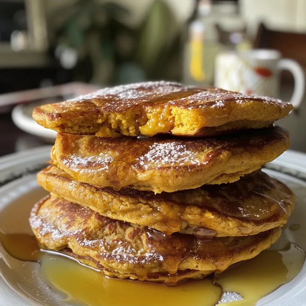 Close-up view of golden pumpkin pancakes topped with cottage cheese and maple syrup.
