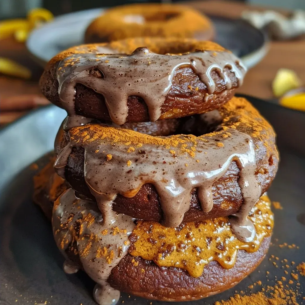['Close-up view of pumpkin protein donuts on a wooden surface.', 'Delicious Kürbis protein donuts stacked on a plate, showcasing their texture.', 'Side view of moist pumpkin donuts, highlighting their golden brown color.', 'Freshly baked pumpkin protein donuts with a sprinkle of cinnamon on top.']