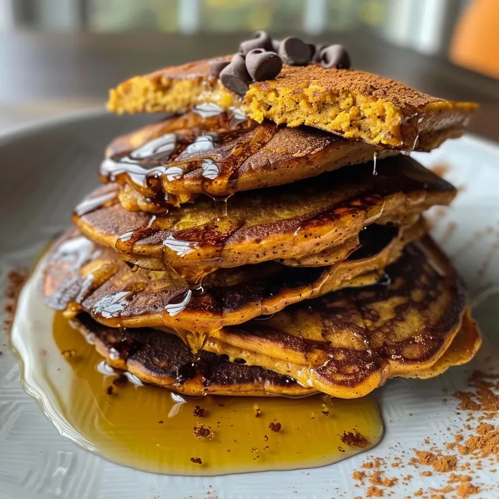 ['Close-up shot of fluffy pumpkin protein pancakes stacked on a plate.', 'Side view of golden brown pumpkin pancakes with syrup drizzling down.', 'Delicious pumpkin protein pancakes topped with chocolate chips and maple syrup.', 'Thick and fluffy pumpkin pancakes served on a wooden table.']
