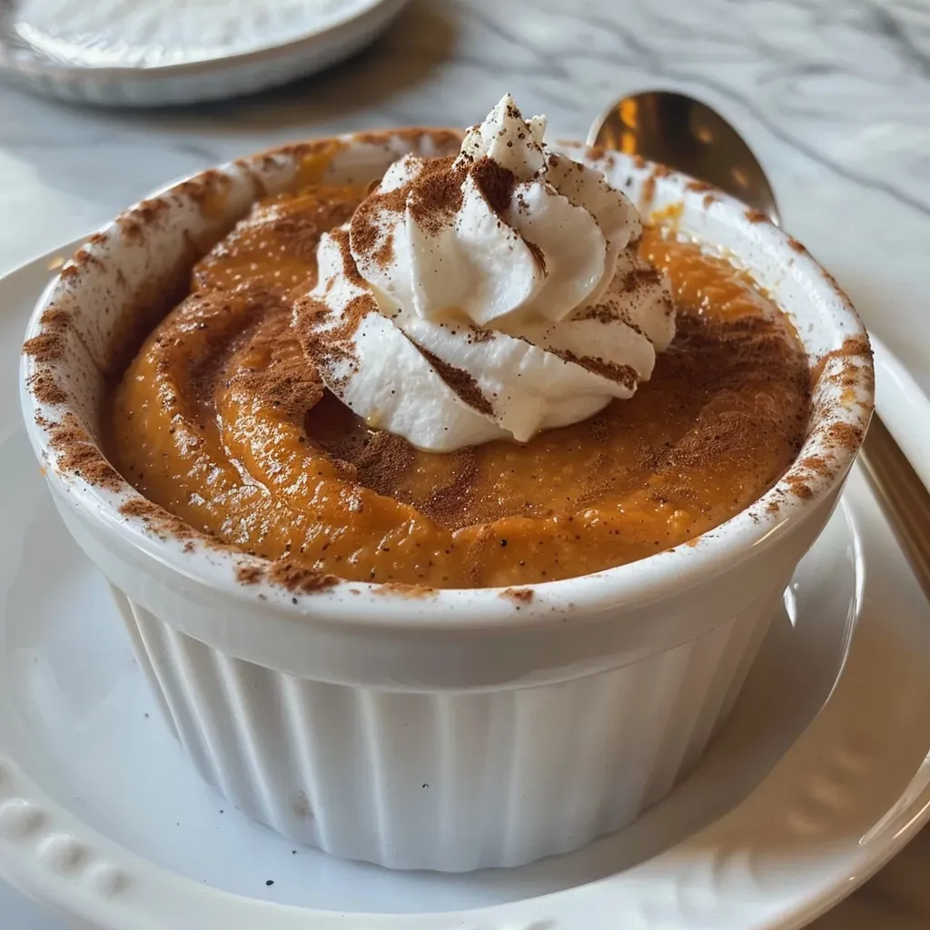['Close-up view of creamy pumpkin pudding in a bowl with a smooth texture.', 'Side view of a luscious pumpkin pudding topped with a sprinkle of spices.', 'Rich, velvety pumpkin pudding displayed in a dish, showcasing its creamy consistency.', 'Detailed image of pumpkin pudding, highlighting its inviting orange color and creamy layer.']