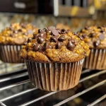 ['Close-up side view of a pumpkin chocolate chip muffin showcasing its soft texture and chocolate chips.', 'A juicy pumpkin chocolate chip muffin cut in half to reveal its moist inside and scattered chocolate chips.', 'Side view of a perfectly baked pumpkin chocolate chip muffin with a golden-brown crust and chocolate pieces.', 'An appetizing pumpkin chocolate chip muffin, highlighting its fluffy texture and rich chocolate chips.']