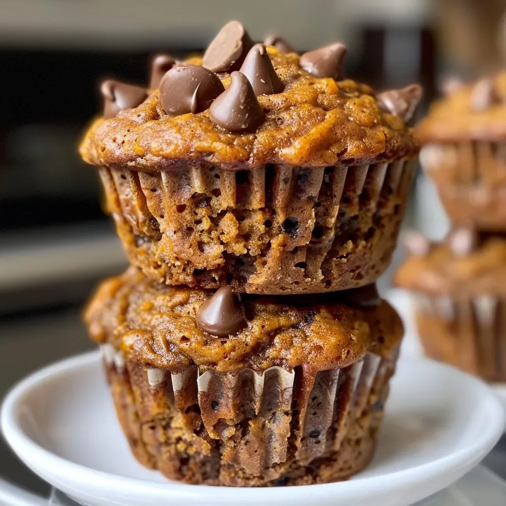 ['Close-up side view of a pumpkin chocolate chip muffin showcasing its soft texture and chocolate chips.', 'A juicy pumpkin chocolate chip muffin cut in half to reveal its moist inside and scattered chocolate chips.', 'Side view of a perfectly baked pumpkin chocolate chip muffin with a golden-brown crust and chocolate pieces.', 'An appetizing pumpkin chocolate chip muffin, highlighting its fluffy texture and rich chocolate chips.']