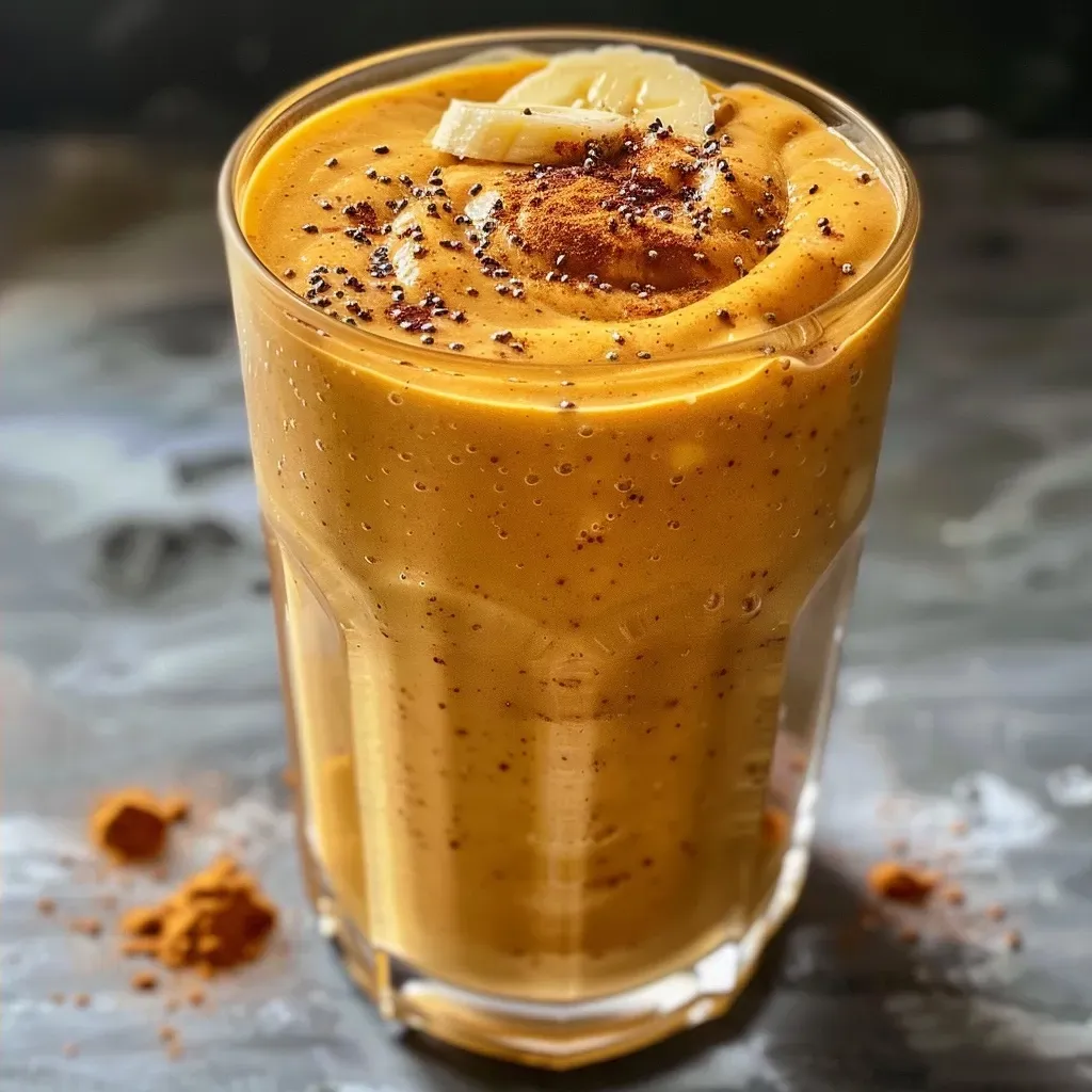 Close-up of a creamy pumpkin smoothie in a glass with a straw.