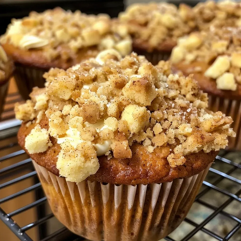 Close-up side view of freshly baked pumpkin streusel muffins with a golden brown top.