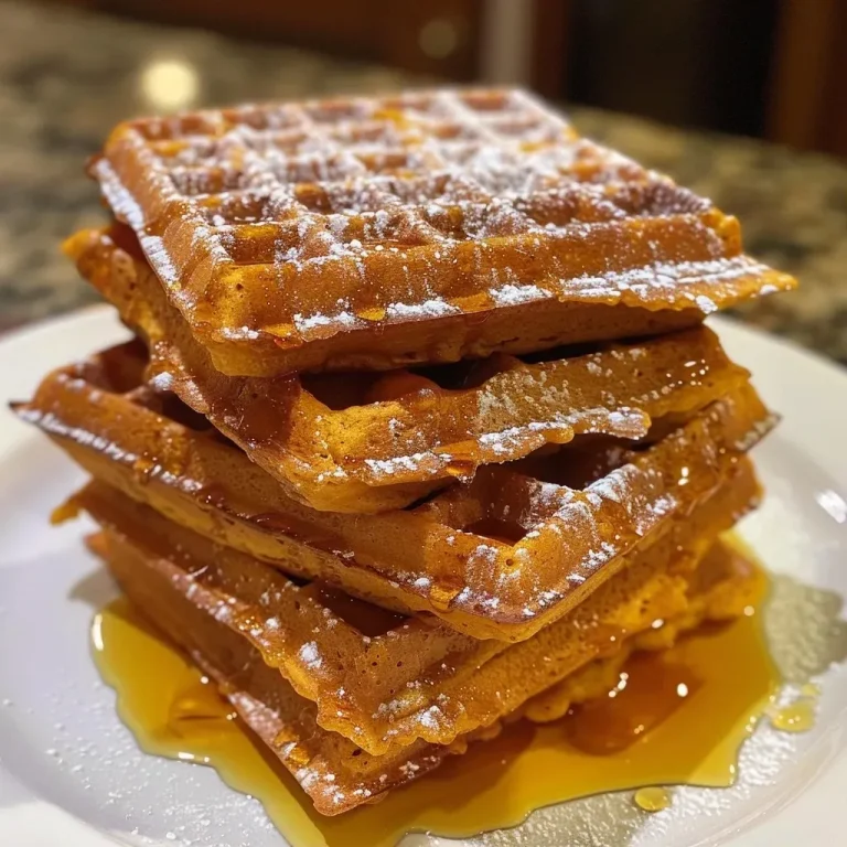 ['Close-up of golden-brown pumpkin waffles stacked with syrup dripping off the side.', 'Side view of soft pumpkin waffles, garnished with a sprinkle of cinnamon and maple syrup.', 'Juicy pumpkin waffles with a rich orange hue, served on a plate with a fork beside them.', 'Deliciously fluffy pumpkin waffles arranged neatly, showcasing their texture and color.']