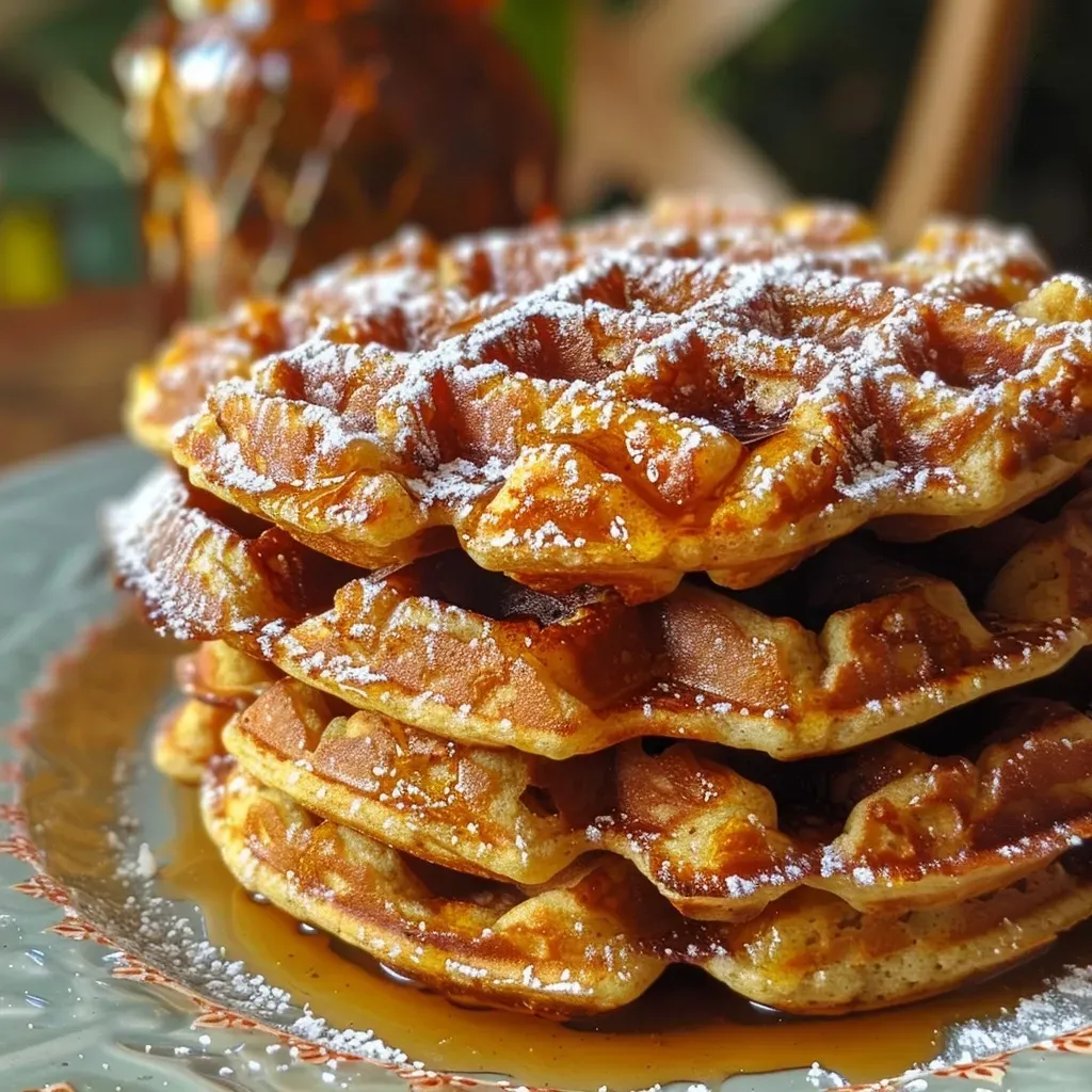 ['Close-up of golden-brown pumpkin waffles stacked with syrup dripping off the side.', 'Side view of soft pumpkin waffles, garnished with a sprinkle of cinnamon and maple syrup.', 'Juicy pumpkin waffles with a rich orange hue, served on a plate with a fork beside them.', 'Deliciously fluffy pumpkin waffles arranged neatly, showcasing their texture and color.']