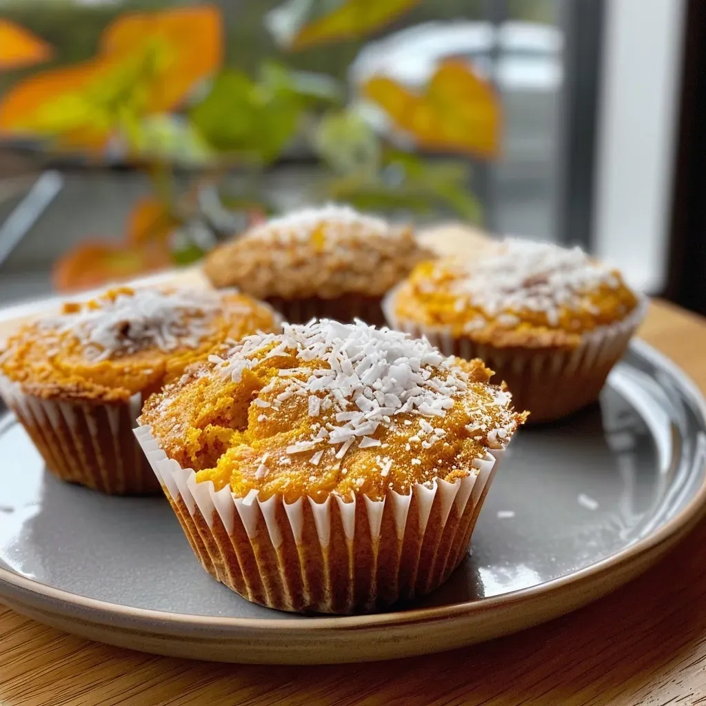 ['Close-up side view of pumpkin balls coated in shredded coconut.', 'Juicy Kürbisbällchen on a plate, highlighting their texture.', 'A mouthwatering view of pumpkin balls with a creamy center.', 'Freshly made pumpkin balls arranged on a wooden surface.']