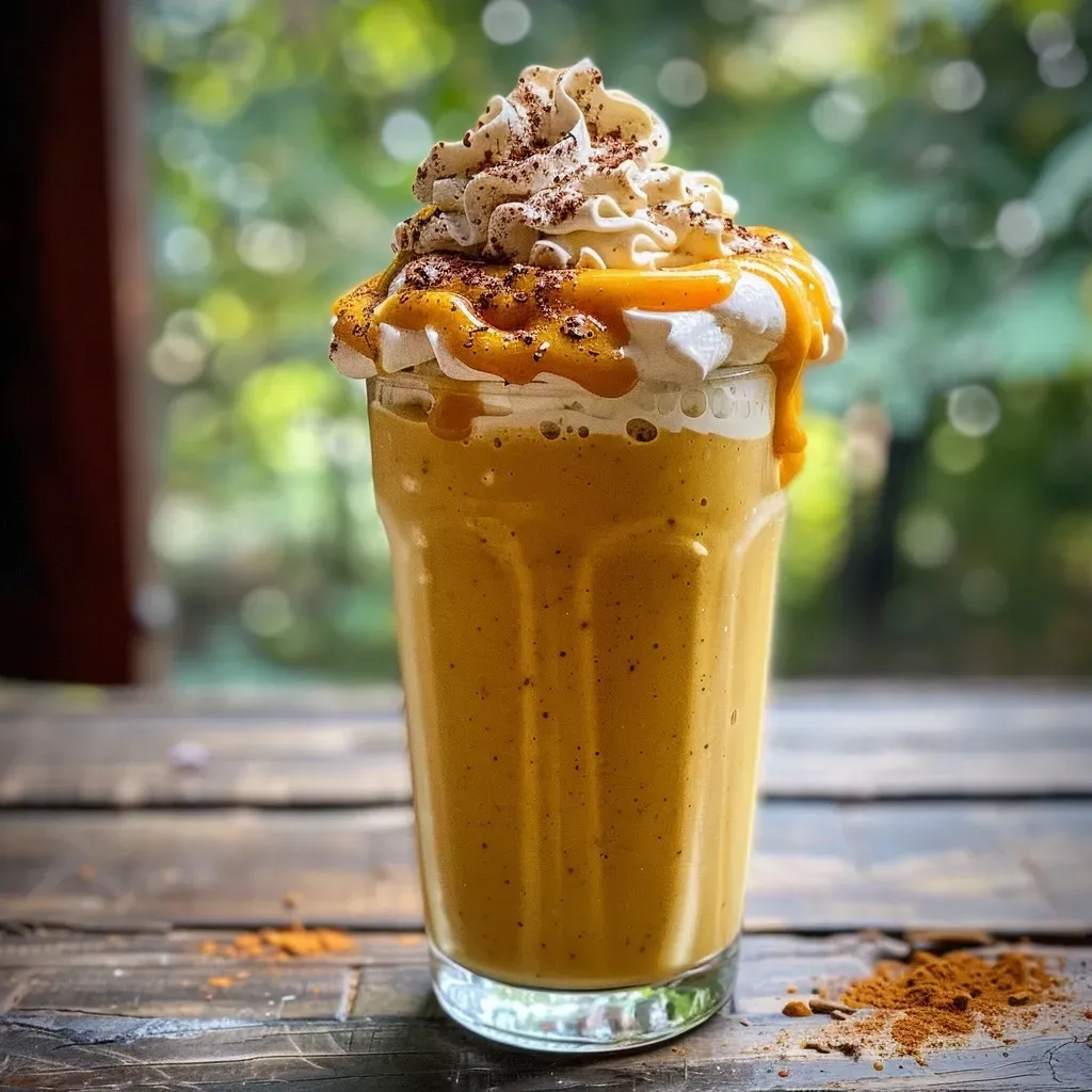 Close-up of a creamy pumpkin spice milkshake topped with whipped cream and a sprinkle of cinnamon.