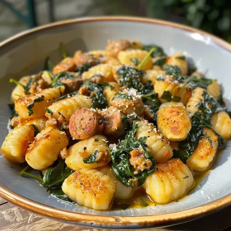 ['A bowl of creamy pumpkin gnocchi with spinach and sausage, garnished with herbs.', 'Close-up view of pumpkin gnocchi mixed with spinach and sausage in a creamy sauce.', 'A delicious plate of one-pan pumpkin gnocchi featuring vibrant spinach and sausage pieces.', 'A side view of pumpkin gnocchi, highlighted by the creamy sauce and fresh ingredients.']