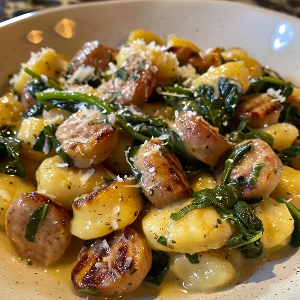 A bowl of creamy pumpkin gnocchi with spinach and sausage, garnished with herbs.