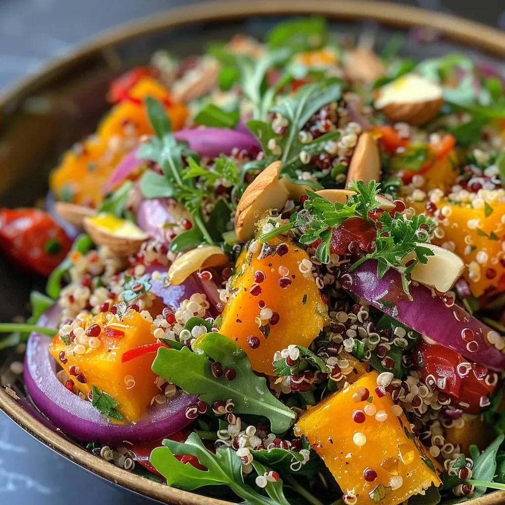 ['Close-up view of Honey Roast Pumpkin Quinoa Salad featuring vibrant colors and fresh ingredients.', 'A side angle photo of a colorful quinoa salad with roasted pumpkin, greens, and nuts.', 'Detailed shot of a quinoa salad with chunks of pumpkin, red onion, and mixed greens.', 'Juicy and inviting bowl of quinoa salad showcasing roasted pumpkin and fresh herbs.']