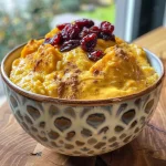 ['Close-up view of creamy pumpkin rice pudding topped with whipped cream and dried cranberries.', 'Side view of a bowl filled with pumpkin rice pudding, garnished with raisins and a sprinkle of cinnamon.', 'A delicious serving of pumpkin rice pudding with a dollop of vanilla yogurt and candied ginger on top.', 'Close-up of a spoonful of pumpkin rice pudding with a rich, creamy texture and warm spices visible.']