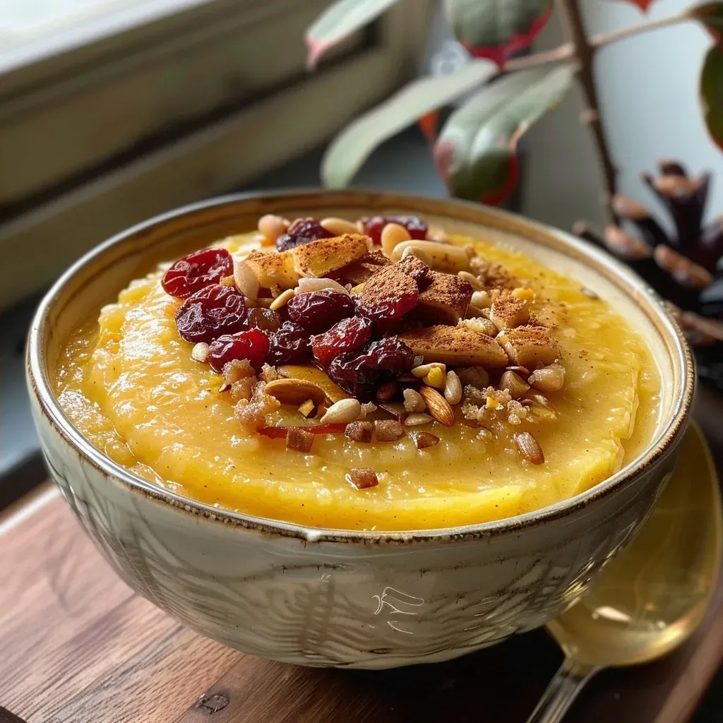 ['Close-up view of creamy pumpkin rice pudding topped with whipped cream and dried cranberries.', 'Side view of a bowl filled with pumpkin rice pudding, garnished with raisins and a sprinkle of cinnamon.', 'A delicious serving of pumpkin rice pudding with a dollop of vanilla yogurt and candied ginger on top.', 'Close-up of a spoonful of pumpkin rice pudding with a rich, creamy texture and warm spices visible.']
