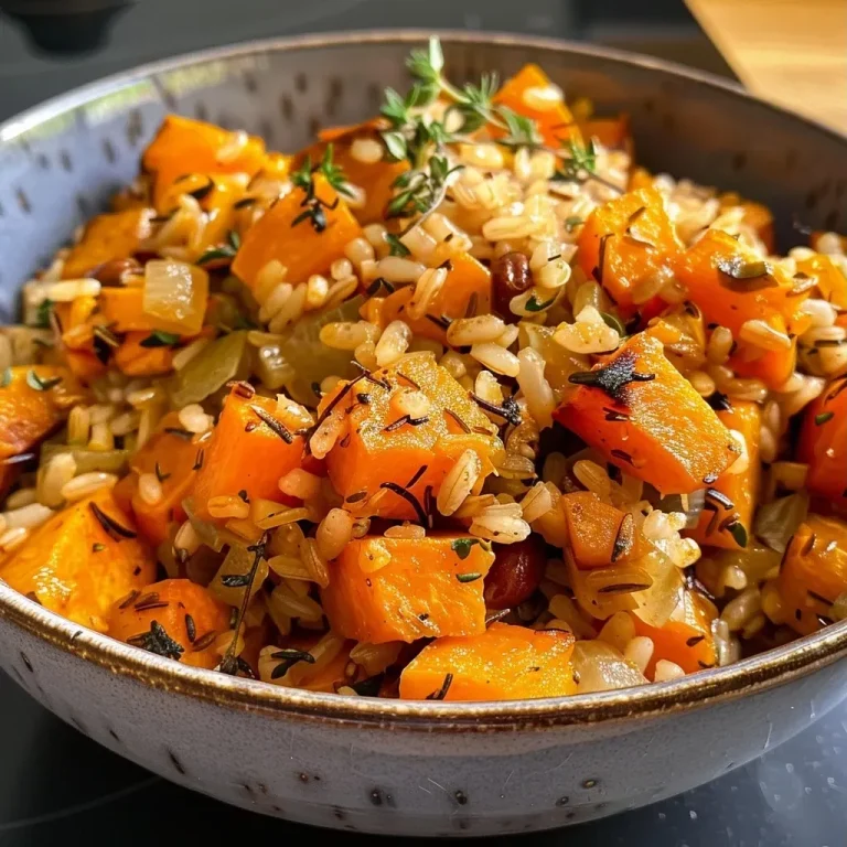 ['A close-up side view of pumpkin rice on a plate, showcasing the vibrant orange color of pumpkin puree mixed with brown rice and garnished with herbs.', 'A detailed image of a serving of Kürbisreis, highlighting the textures of rice, diced red onions, and a drizzle of avocado oil.', 'A tantalizing close-up of a bowl of pumpkin rice, featuring grains of brown rice blended with orange pumpkin puree and flecks of thyme.', 'A side view of a colorful dish of pumpkin rice, with visible ingredients including red onion and herbs, presented in a casual dining setting.']