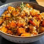 ['Close-up side view of a bowl of Pumpkin Rice with vibrant pumpkin chunks and brown rice.', 'Juicy Kürbisreis served with pimento berries and fresh thyme on a wooden table.', 'Detailed view of a creamy Pumpkin Rice dish showcasing coconut milk and garlic.', 'Side perspective of a flavorful bowl of Pumpkin Rice garnished with onions and herbs.']