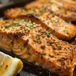 ['Close-up of baked salmon fillets glazed with honey Dijon sauce.', 'Juicy salmon with a shiny honey mustard glaze and lemon slices.', 'Side view of tender salmon with a golden honey Dijon topping.', 'Flavorful salmon fillets garnished with lemon and a sweet glaze.']