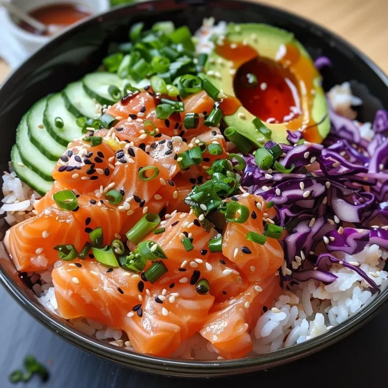 ['Close-up view of a vibrant salmon rice bowl with colorful toppings.', 'Side angle of a delicious salmon rice bowl featuring fresh ingredients.', 'Juicy salmon cubes served over jasmine rice with coleslaw and avocado.', 'Salmon rice bowl garnished with green onions and sesame seeds on top.']