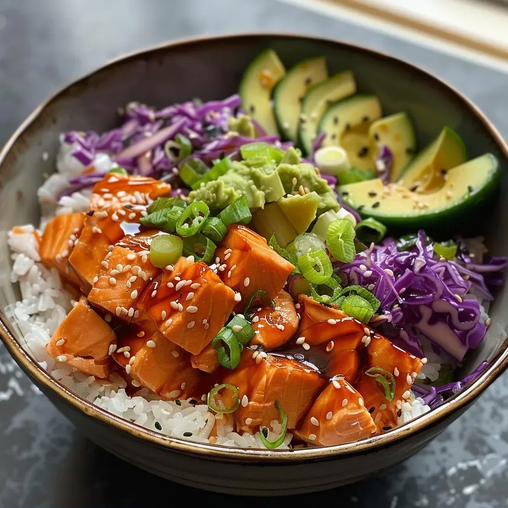 Close-up view of a vibrant salmon rice bowl with colorful toppings.