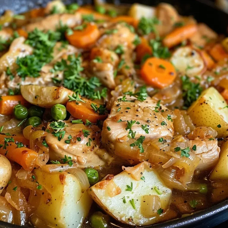 ['Close-up of a hearty chicken stew with colorful vegetables.', 'Side view of a bowl filled with steaming slow cooker chicken stew.', 'Juicy pieces of chicken and vibrant vegetables in a creamy stew.', 'Ingredients of chicken stew displayed in a rustic bowl, showcasing textures.']