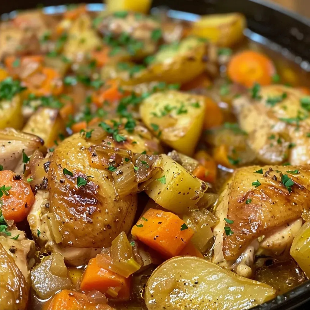 Close-up of a hearty chicken stew with colorful vegetables.