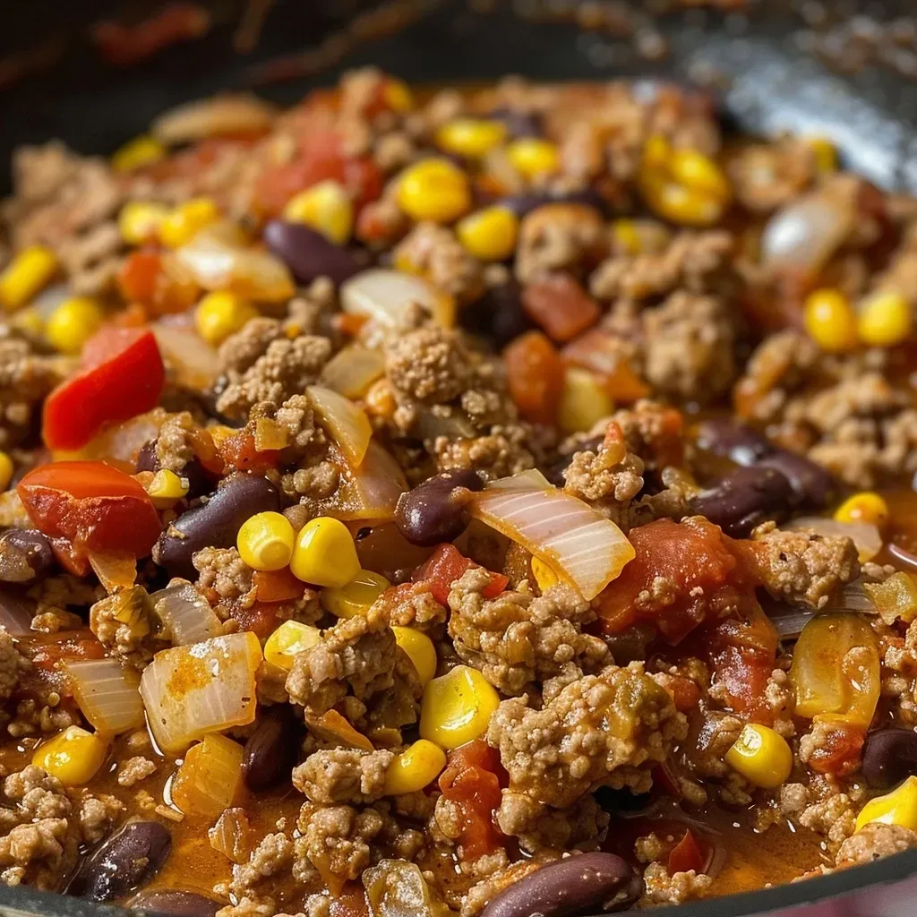 ['A close-up side view of juicy turkey chili in a slow cooker.', 'Slow cooker turkey chili featuring ground turkey, beans, and vibrant spices.', 'A bowl of hearty turkey chili showing colorful ingredients and a rich texture.', 'Close-up shot of creamy turkey chili with visible beans and spices.']